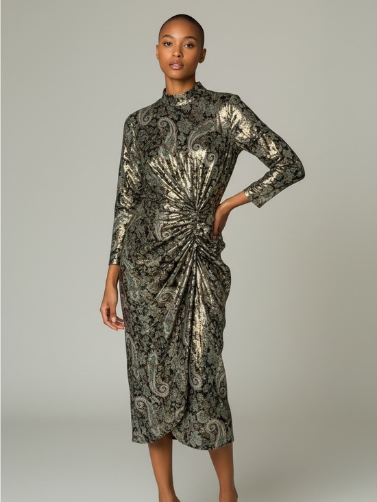 Sandro Paris Dresses & Skirts - Sandro Paris Long-Sleeve Metallic Paisley Twist-Front Midi Dress - Silver Green